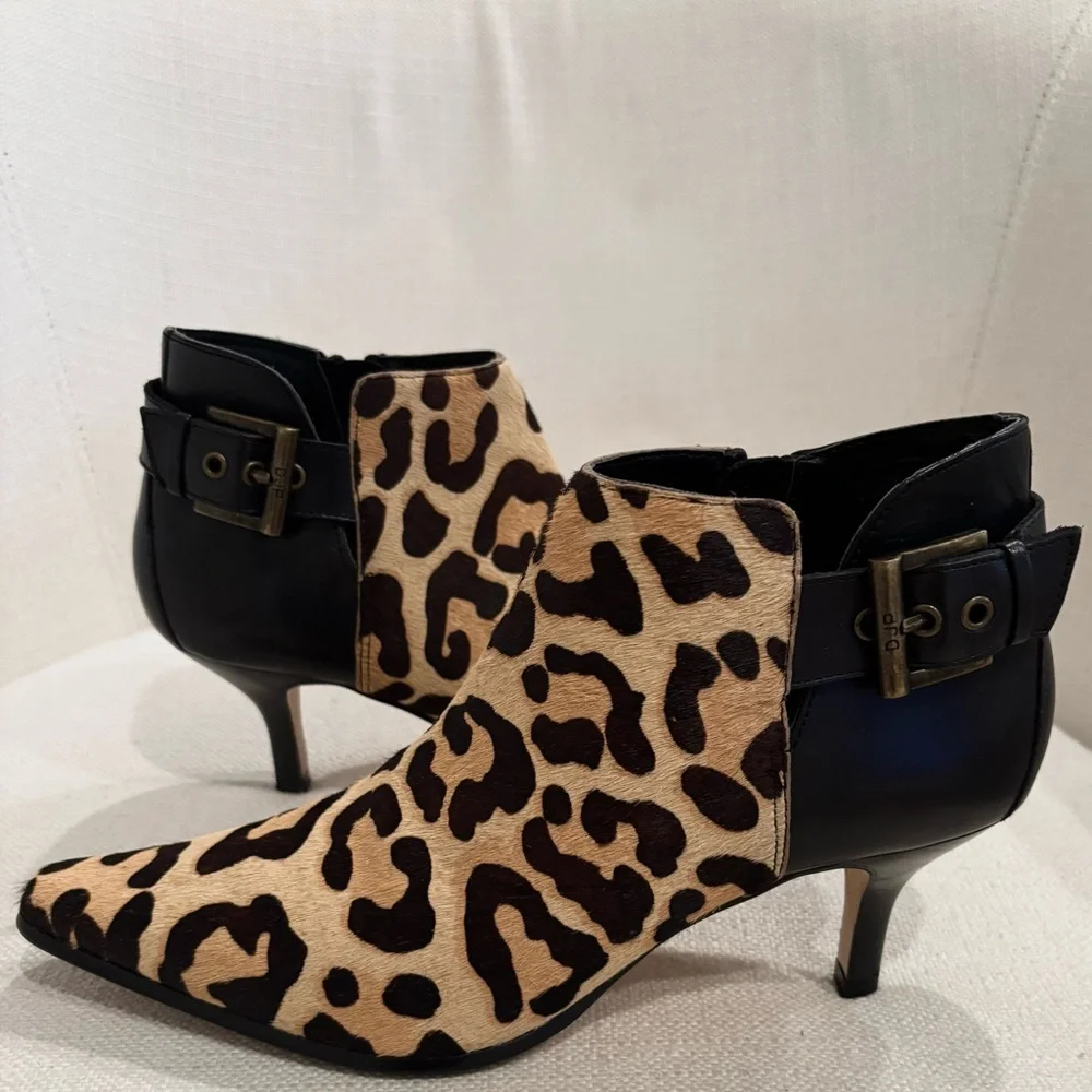 DONALD J. PLINER LURE Calf Hair Animal Print Kitten Heel Buckle Booties Size 8